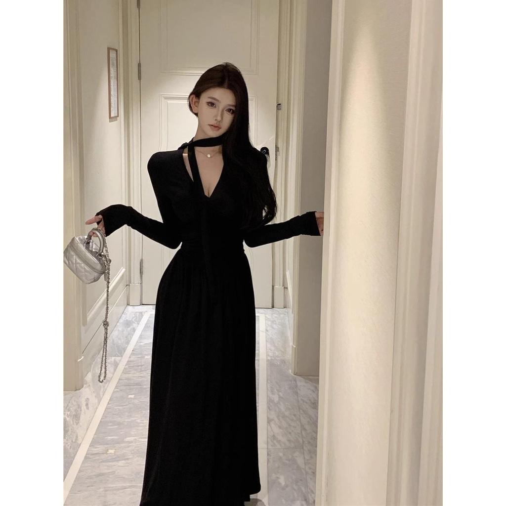Niche Design Pleated Ribbon A-line Knit Dress – Women's Spring/Autumn Slimming Long Style