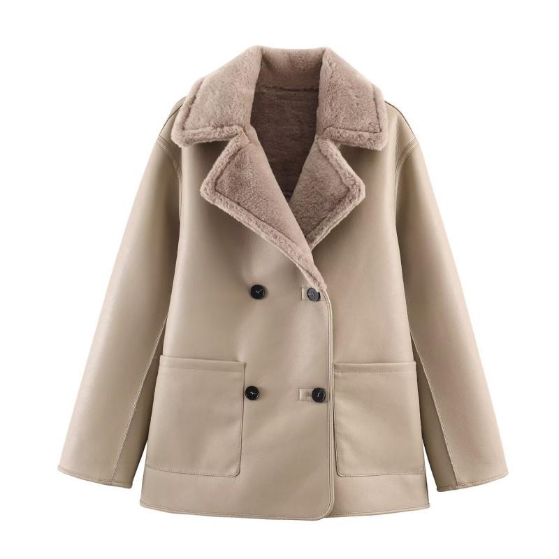 Womens Reversible Streetwear Double-Sided Coat Winter Fashion Outerwear Long Sleeve Turn-Down Collar Faux Leather Jacket