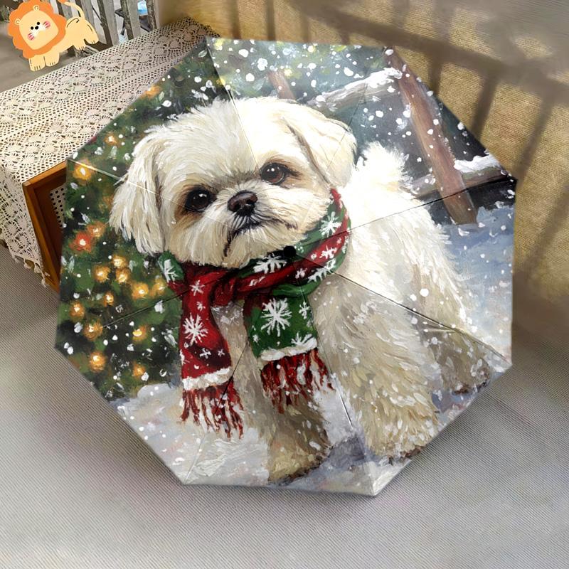 1 Stück Automatischer Faltregenschirm - Winter-Hundemuster, Tragbares & Faltbares Design mit 8 Speichen, Weihnachts-Geburtstagsgeschenke