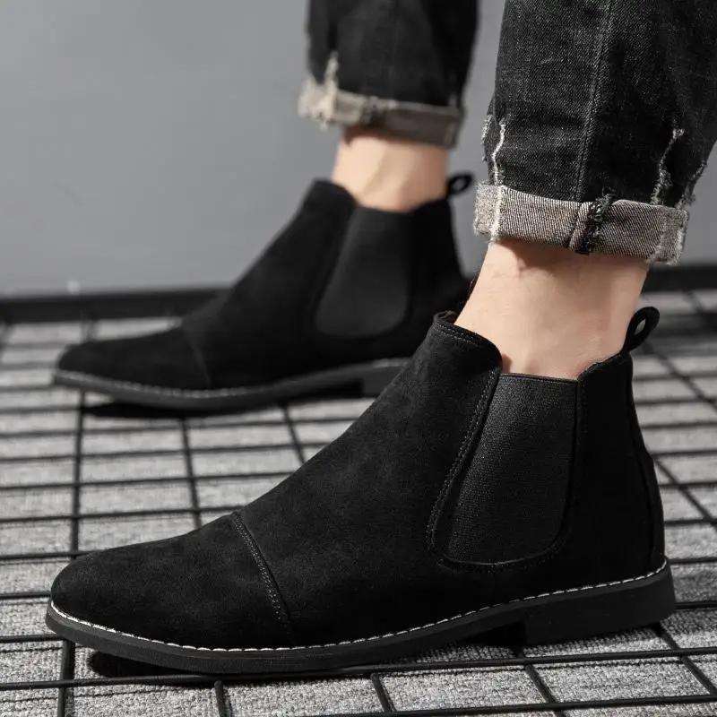 New Men Leather Casual Shoes Pointed Toe Heels Dress Shoes Street Fashion Slip-on Chelsea Shoes