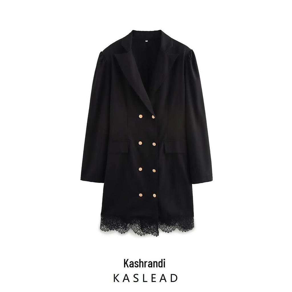 Spring 2025 Plus Size Women's Lace Patchwork Double-Breasted Suit Dress