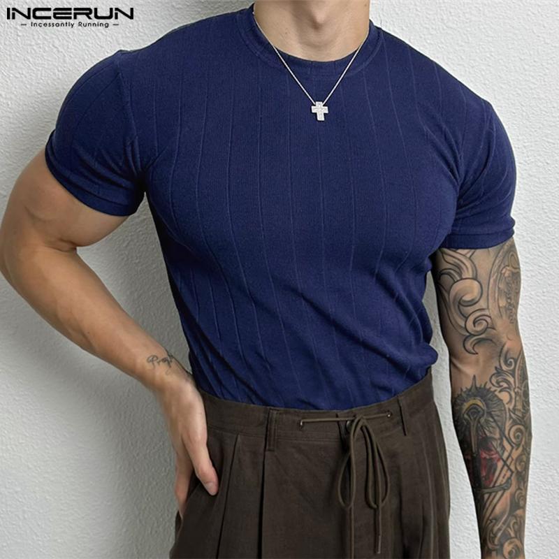 INCERUN Summer Men Short Sleeve Fitted Tops Casual Muscle Knitted T-shirts