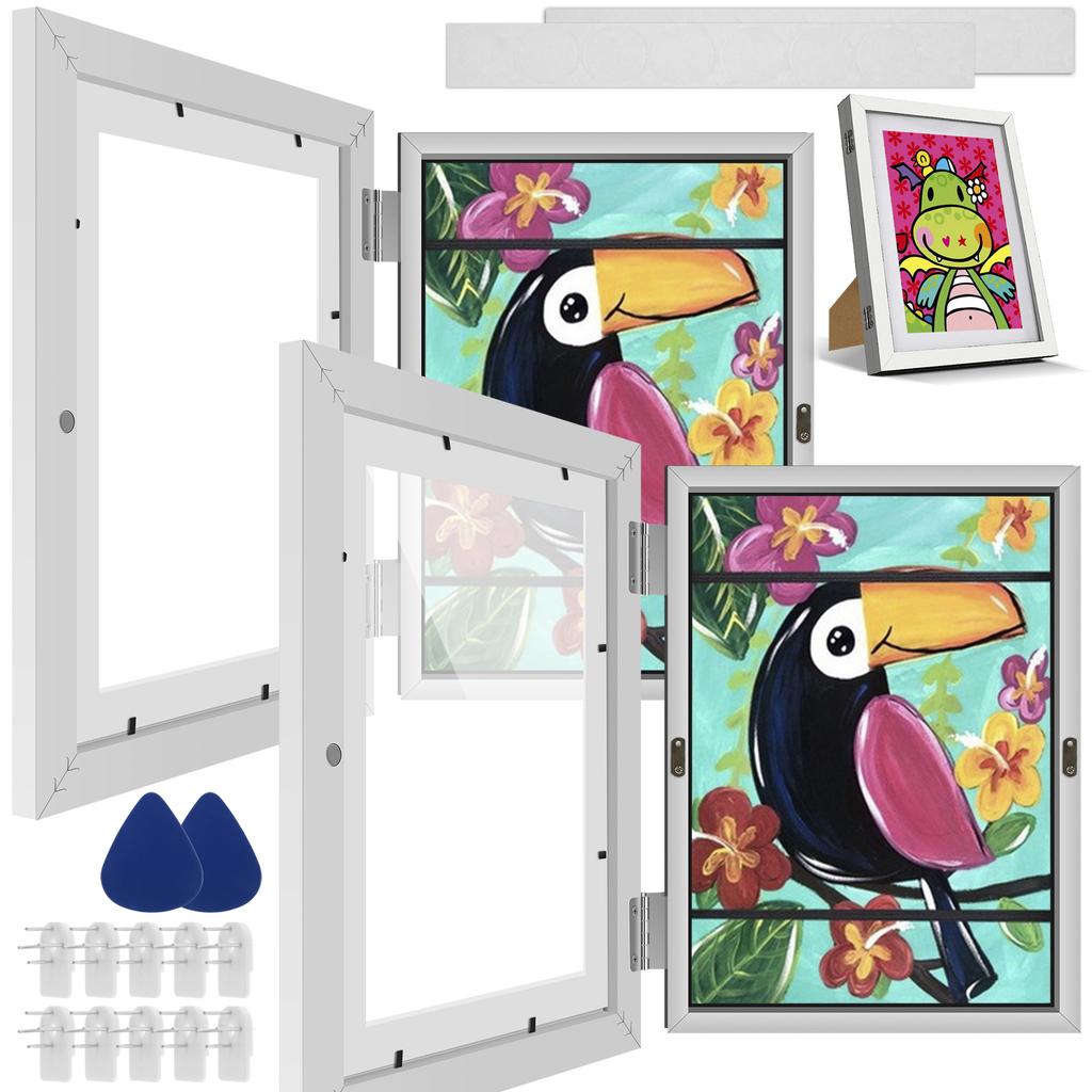 Kids Art Frame Set A4 Front Opening Photo Frames with Stand Wooden Kid Artwork Painting Display Frame for 100 Pictures Organizer