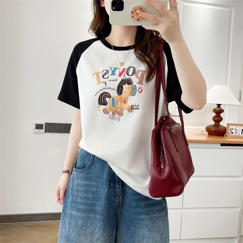 

Plus Size Women s Color Block Cartoon Print Round Neck Slimming Top 4XL белый