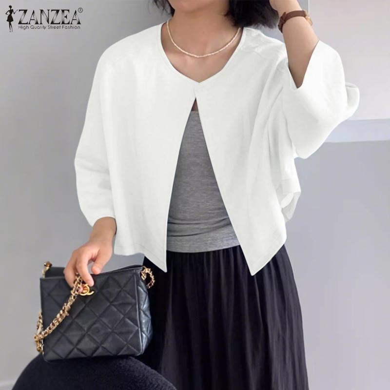 ZANZEA Women Casual Round Neck 3/4 Sleeve Loose Cardigan Summer Blouse
