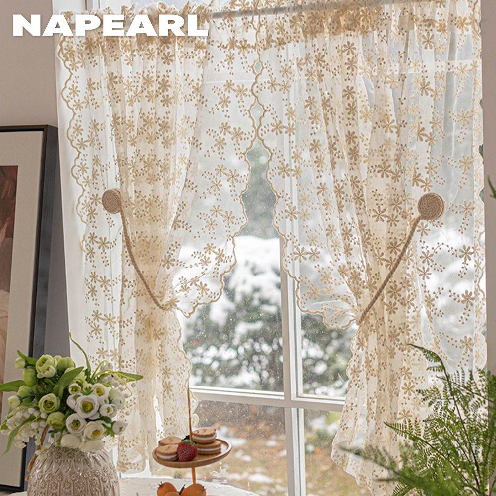1PC NAPEARL Flower Embroidery Lace Sheer Curtain French Countryside Cream Style Half Curtain for Bedroom Living Room Window Showcase Home Decor