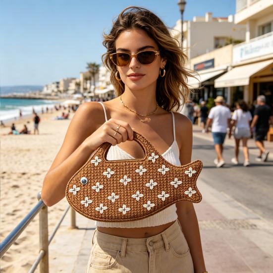 Yousheng Fun Straw Fish Handbag Woven Mini Clutch Tote Summer Beach Bag Novelty Purse for Women Vacation