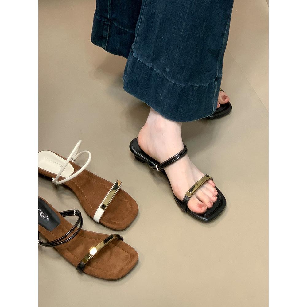 MUKEKe Korean version solid color one-word drag 2025 summer new summer low heel two wear one-word sandals