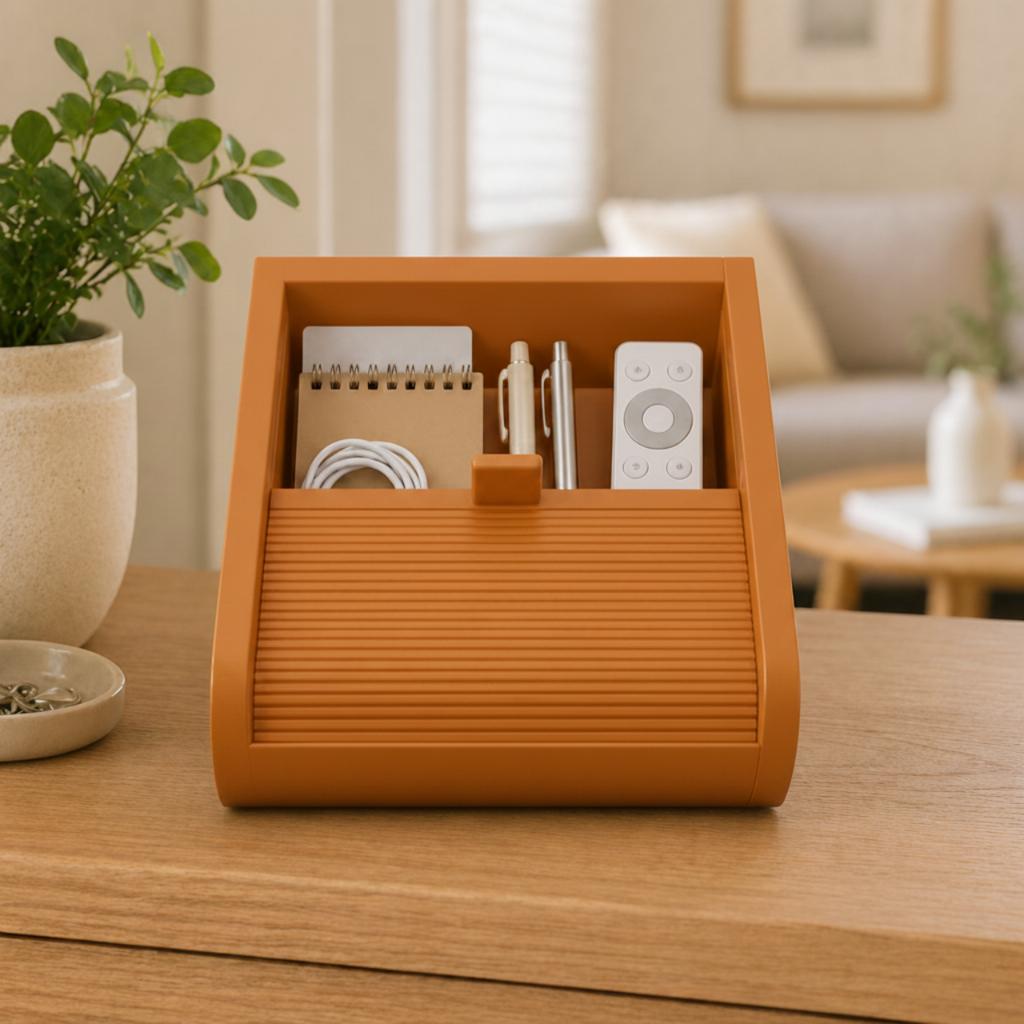 Small orange box organizer with a sliding lid