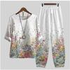 Women's Casual Two-Piece Floral Print Outfit Five-Point Sleeve Tops and Elastic Waist Pants Set