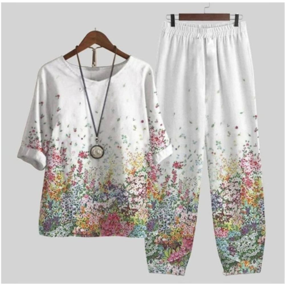 Women's Casual Two-Piece Floral Print Outfit Five-Point Sleeve Tops and Elastic Waist Pants Set