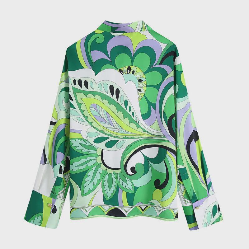Spring 2022 European & American Style Women's Green Print Shirt & Skirt Set