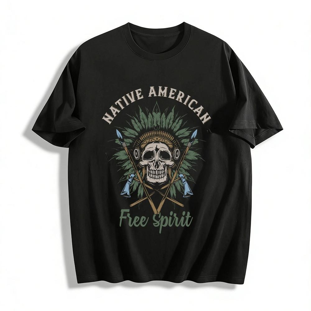 

Native American Free Spirit Skull Chief Graphic Casual T-Shirt Pure cotton T-shirt XXS