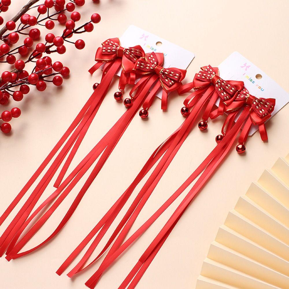 2pcs Curly Baby Wig Hairpin Tassel Red Bowknot Hairclip Children's Bow Wig  New Year Festive