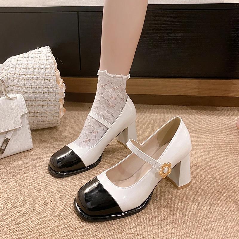 Mote Kvinner 6cm Høye Hæler Søte Askepott Pumps Kvinne Blomst Metallspenne Stropp Blokkhøye Hæler Dame Elegant Mary Jane Sko