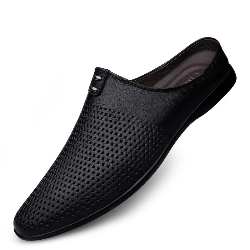 

Роскошные брендовые мужские тапочки из натуральной кожи, повседневная обувь на низком ходу, высококачественные дышащие летние туфли с перфорацией 45 чёрный