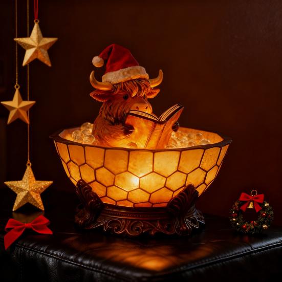 Highland Cow Bubble Bath Night Light Cute Highland Cow Reading Book Lamp 3D Resin Bathtub Highland Cow Sculpture for Indoor Desk Table Shelf Fireplace