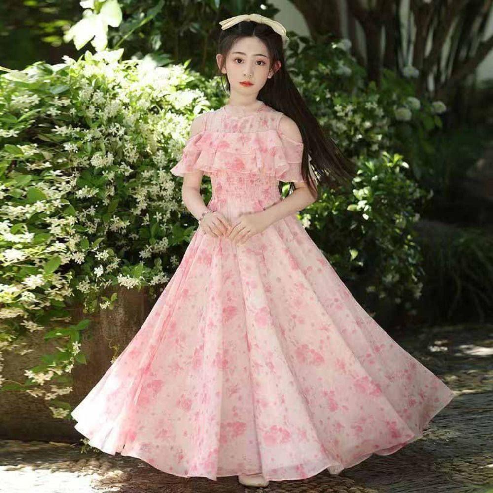Loose Girls Chiffon Floral Dress Teenagers Children Princess Dress Summer Kids Dresses  Students