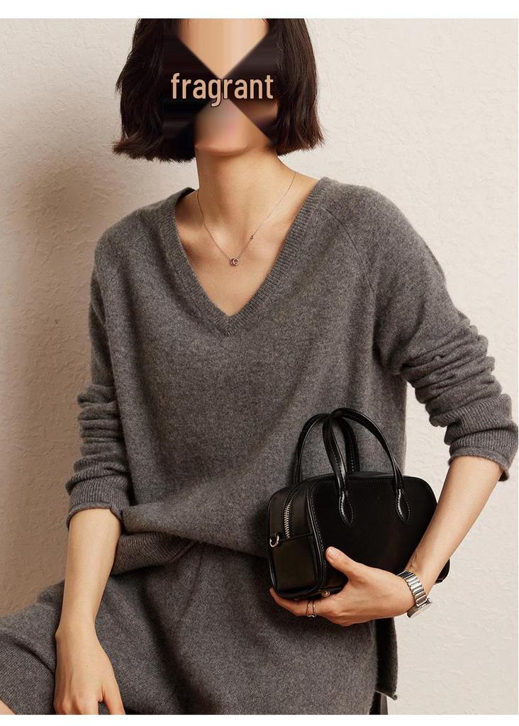 Women's V-neck Cashmere Knit Sweater: Autumn/Winter Solid Color, Loose Fit, Long Sleeve, Casual Slimming.
