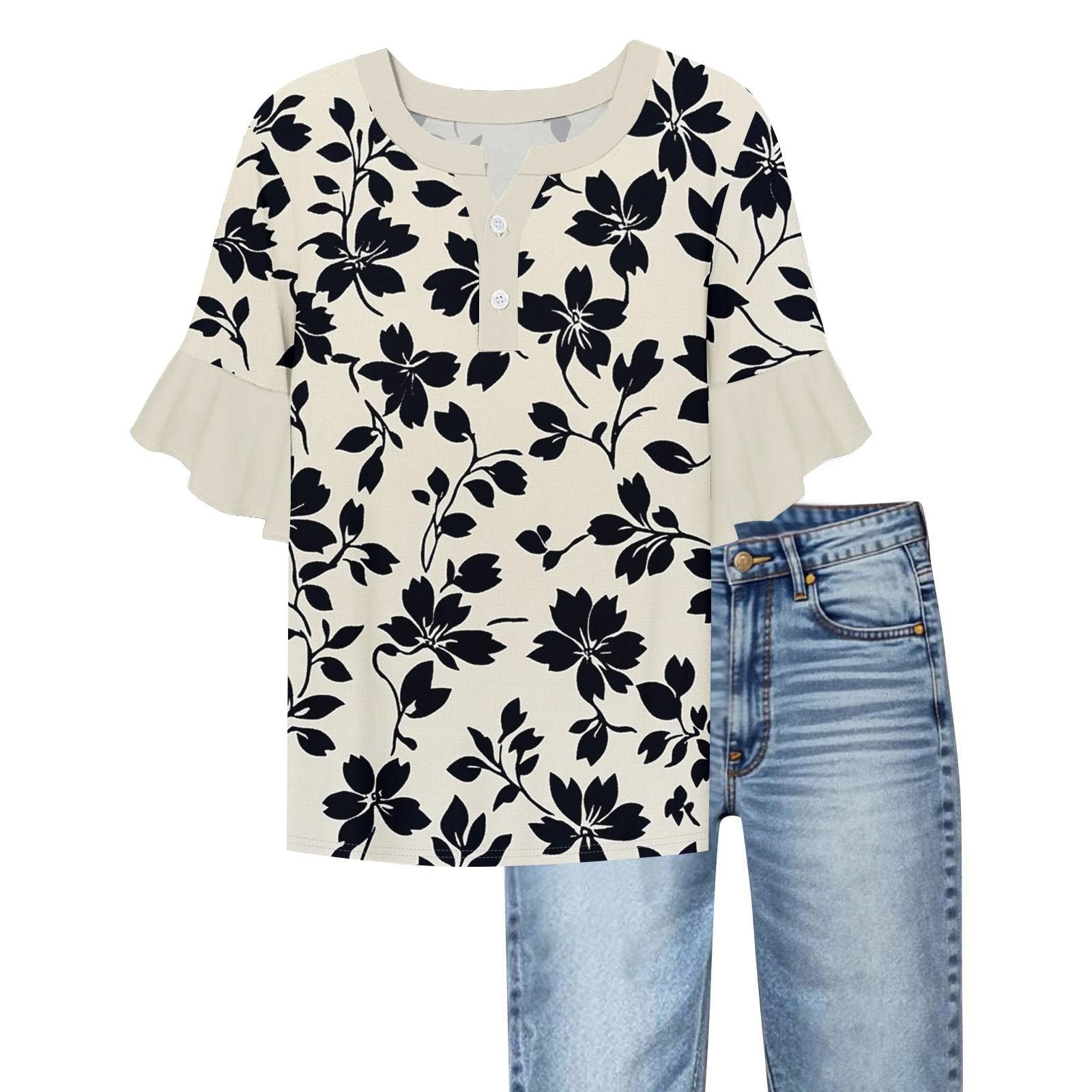 

Women s Casual Fashion V-neck Ruffled Sleeves Loose Versatile Color Short Sleeves XL чёрный