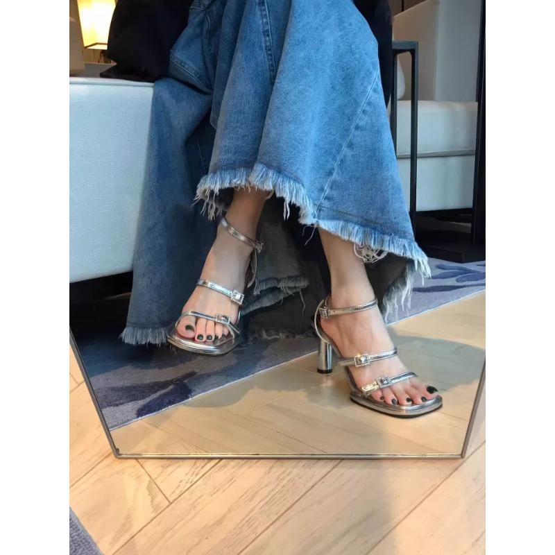 Rhinestone temperament sandals women's new summer silver square head open-toe buckle strap thick heel high heels