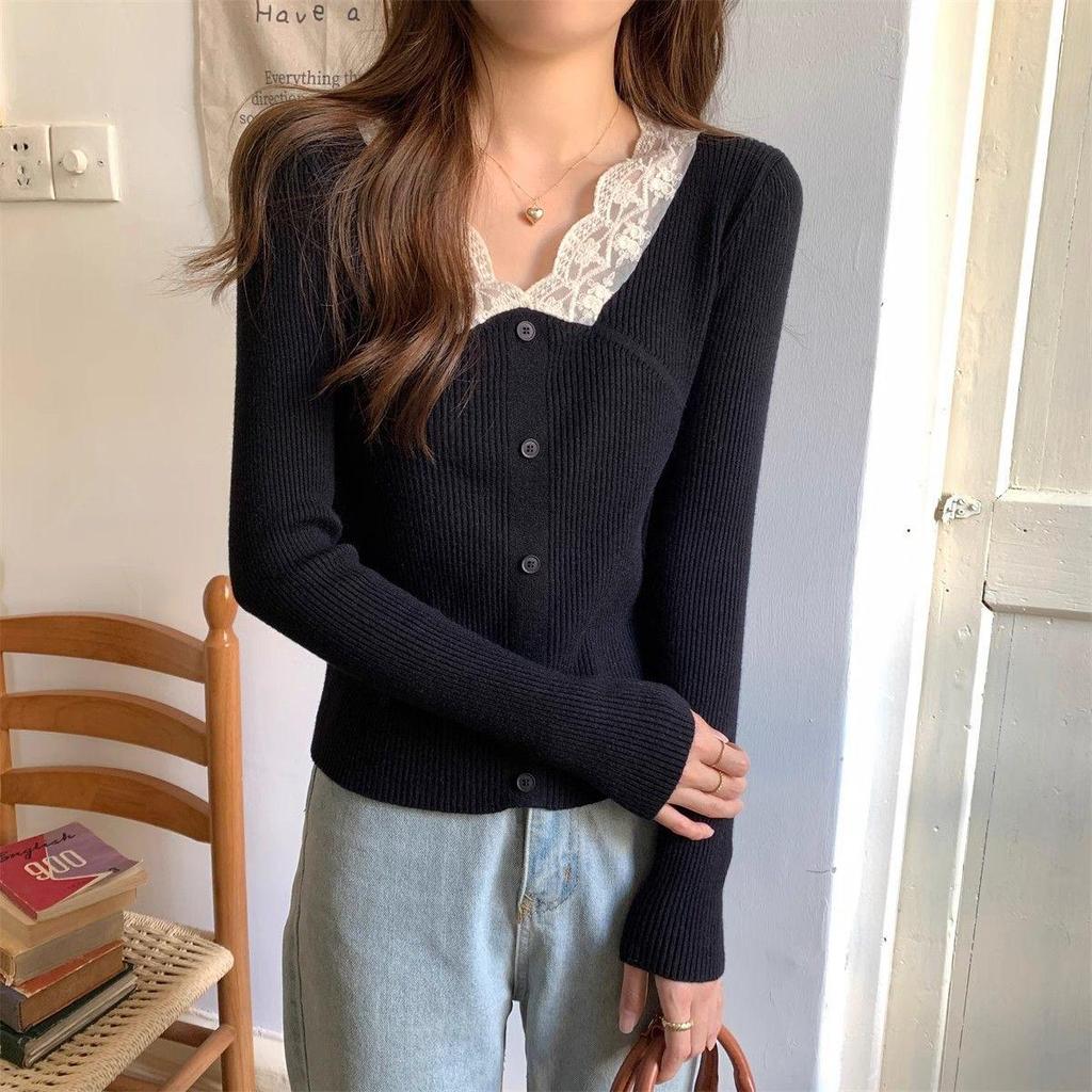 2025 Spring/Autumn Fashion Lace Patchwork Slim Fit Long Sleeve Knit Top