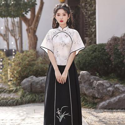 Chinese Style New Chinese Style Daily Improvement Cheongsam Top Two-piece Suit Skirt Young Girl Retro Short Sleeve Spring and Summer