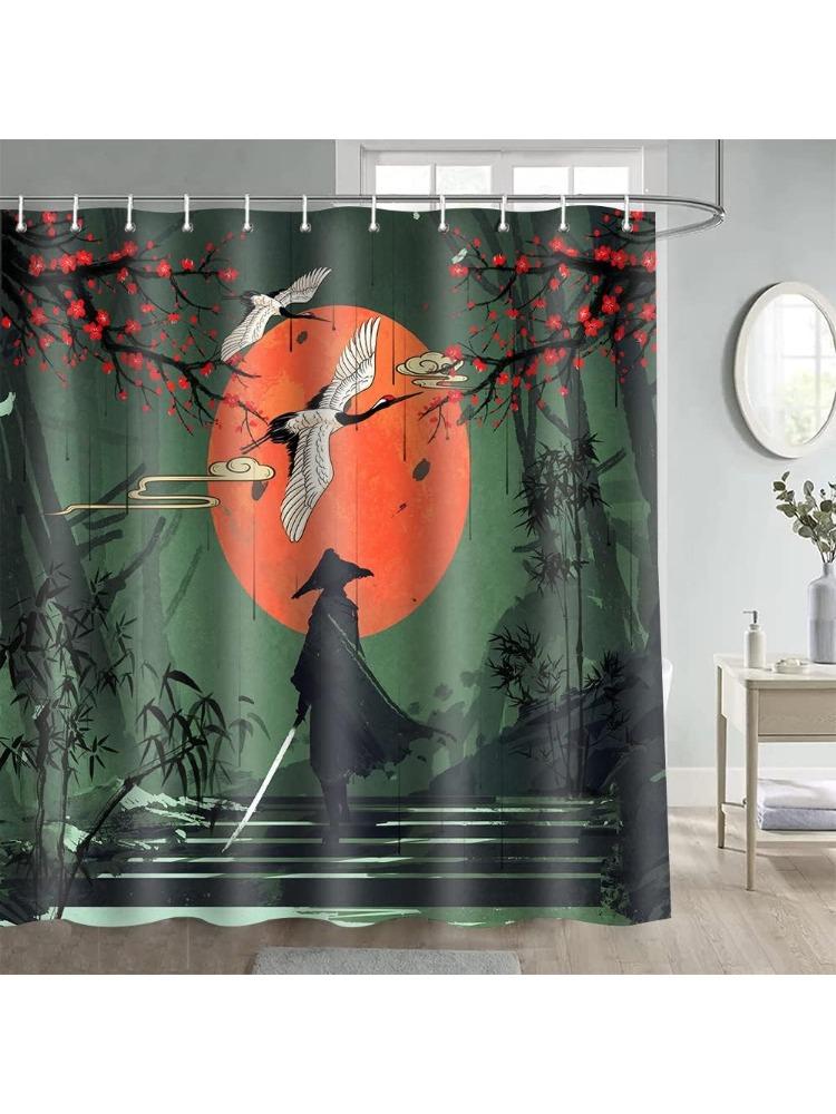 Japanese Samurai Art Shower Curtain Ink Watercolor Japan Theme Cherry Blossoms Polyester Fabric Bathroom Shower Curtain for 90x180CM