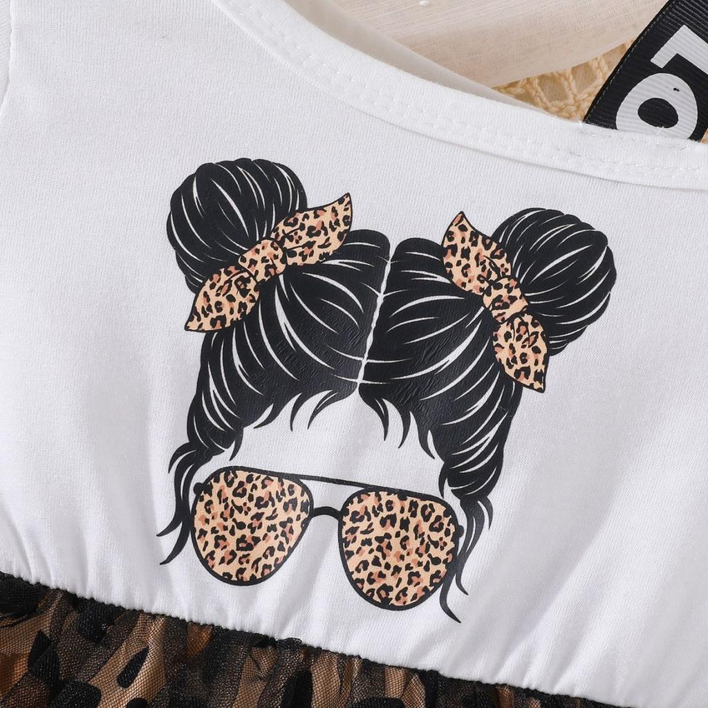 Kurzärmeliges Sommer-Mädchenkleid mit stilvollem Kinder-Patchwork-Leopardenmuster-Meshrock