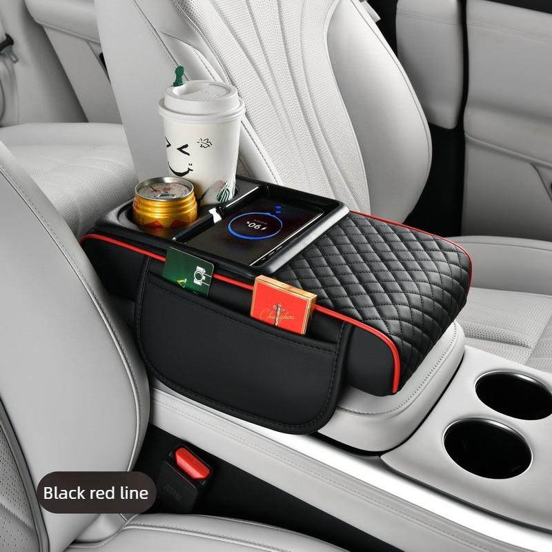 Multifunctional Car Armrest Box with Wireless Charging, Thicken Height Pad Arm Rest Cushion Storage Box Phone Cup Tissue Holder