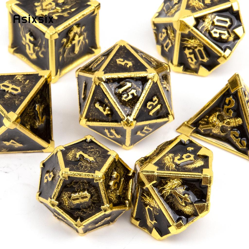 7 Pcs Black Golden Skull Metal Dice Solid Metal Polyhedral Dice Set Suitable for Role-Playing RPG Board Game Card Game