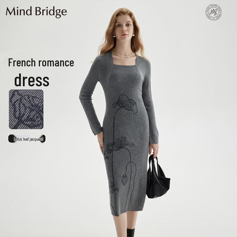 Mind Bridge French Square Neck Knit Jacquard Midi Dress L