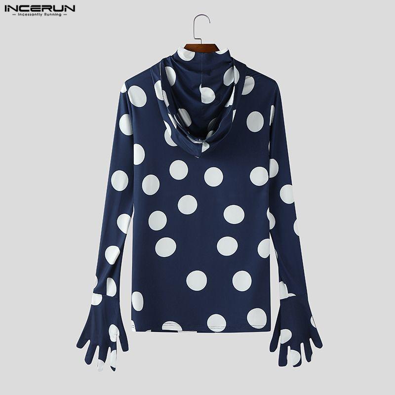 INCERUN Men High Neck Gloves Long Sleeve Polka Dots Twisted Hooded Party Club T-shirts