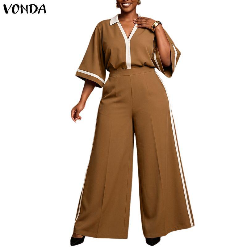 VONDA Oversized Womens Elegant Two Piece Set V Neck Half Sleeve Blouse and Wide Leg Pants Casual Loungewear Outfits