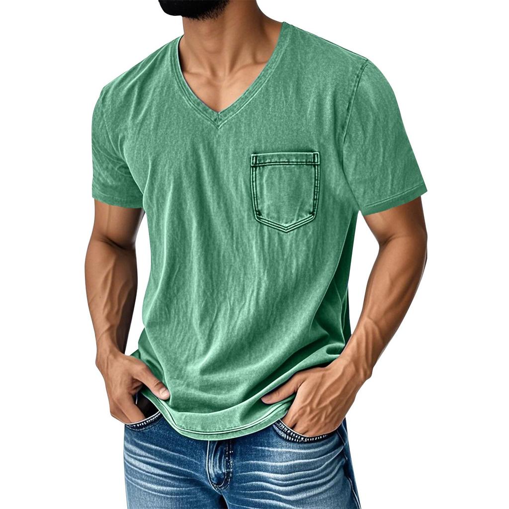 Men's Summer Solid Color V-Neck Loose Pocket Short Sleeve Top