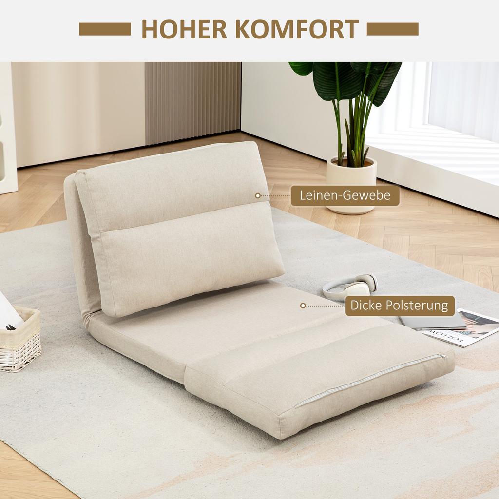 Puff com Função de Cama, Encosto Reclinável, Dobrável, até 120kg, 70 x 72 x 56 cm, Bege