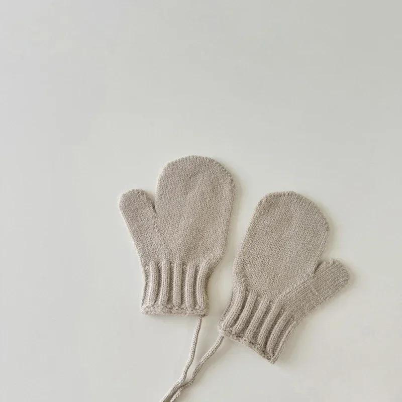 Sweet Bow Kids Girl Knitted Gloves Solid Color Woolen Hanging Neck Mittens Winter Warm Children Glove 3-6Year Baby Hand Cover