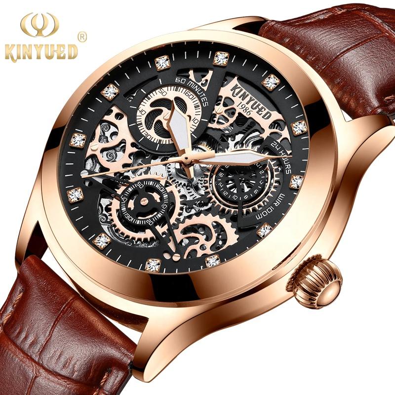 Luxury Men Reloj Wristwatches Glass Watch Mechanical Watch Genuine Leather Strap Skeleton Watch Free Gift Box