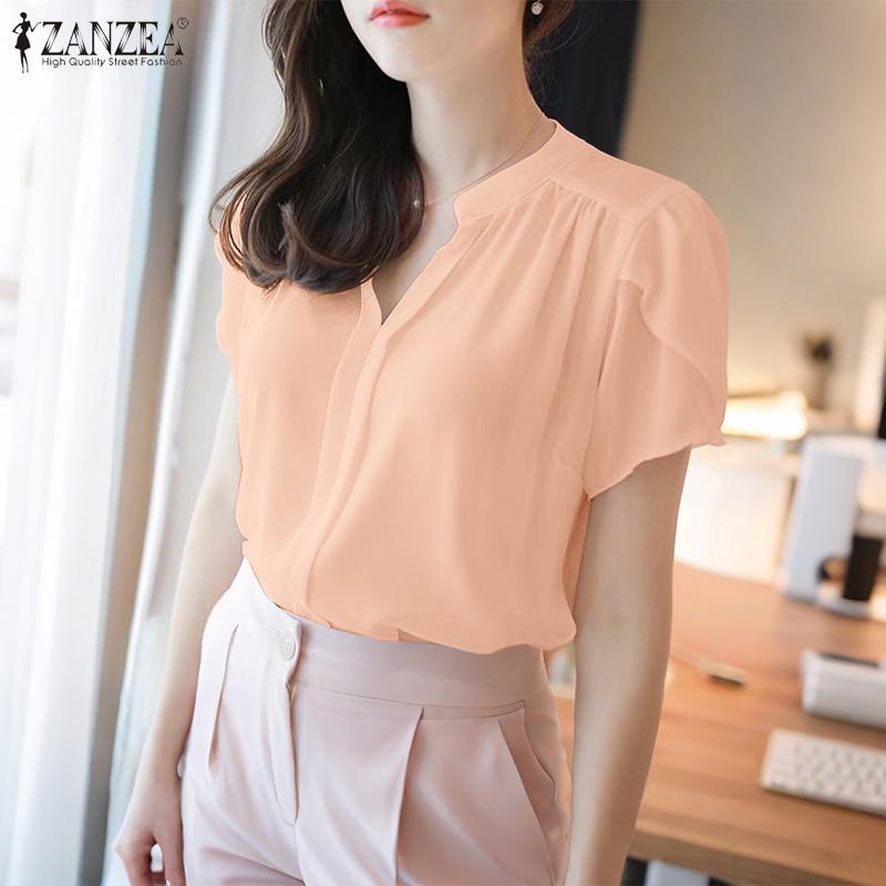 ZANZEA Women Summer V-Neck Short Sleeve Solid Color Casual Blouse