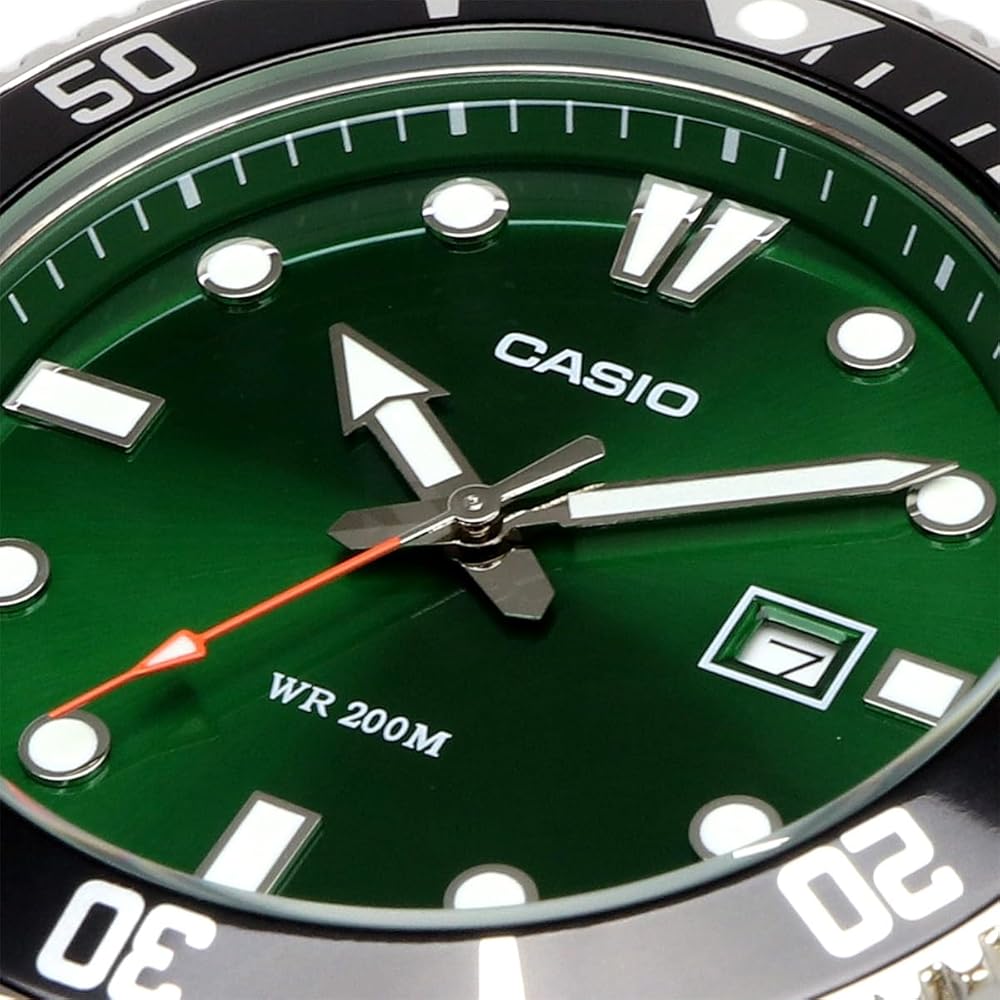 Casio Standard Analog Sports Watch 20 ATM Water Resistant Green Dial Metal Band Men's