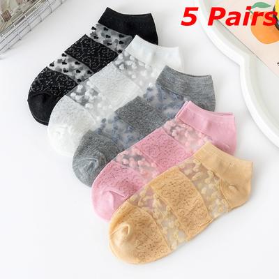 5 Paar Damen Sommer Dünne Atmungsaktive Knöchelsocken - Kristallseide Punktmuster & Glasseide Bonbonfarbene Bootssocken
