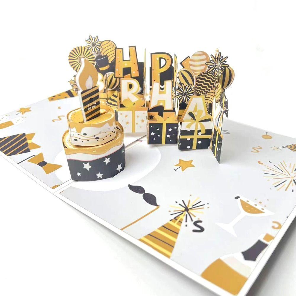 Musical and Light 3D Popup Greeting Card Blowable Led Candle Birthday Cake Postcards  Child