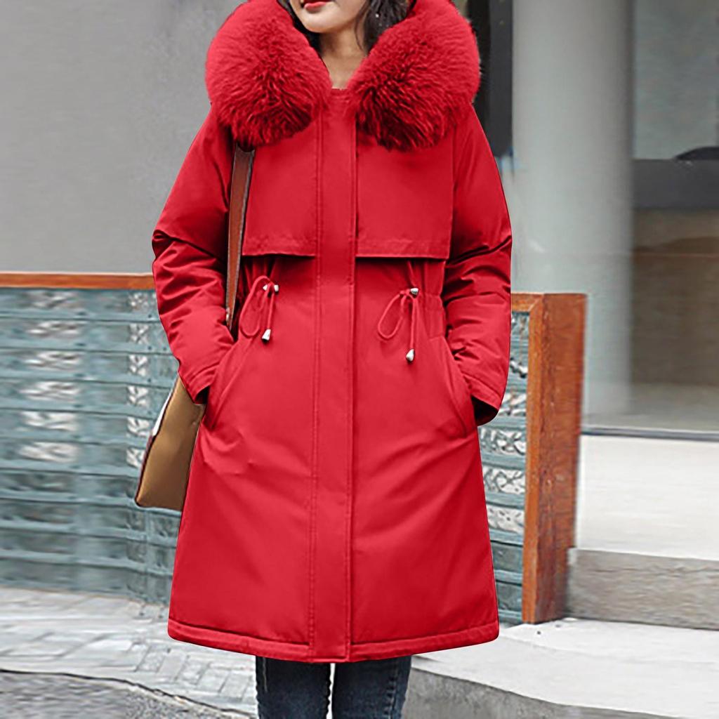 Women's Fashion Casual Solid Color Hooded With Plush Medium-length Long-sleeved Zipper Button Cotton Coat Jacket