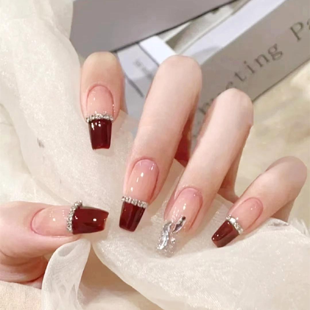 

Long Trapezoid Rhinestone Glitter French Nail Art Tips