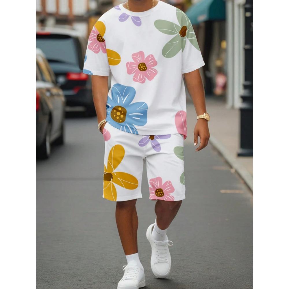 Set da 2 pezzi T-shirt con Stampa Floreale Bianca e Nera da Uomo Pantaloncini Girocollo Manica Corta Pantaloncini Vita Elastica