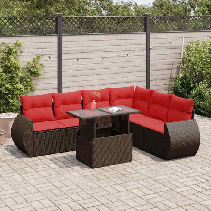 VidaXL Salon de jardin avec coussins 7pcs marron résine tressée acacia, ensemble de canapés d'extérieur, salon de jardin 3326655