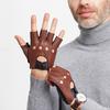 100% Genuine Leather Half-Finger Gloves for Men, Made from Genuine Sheepskin, Red/Brown/Blue, for Driving and Riding,