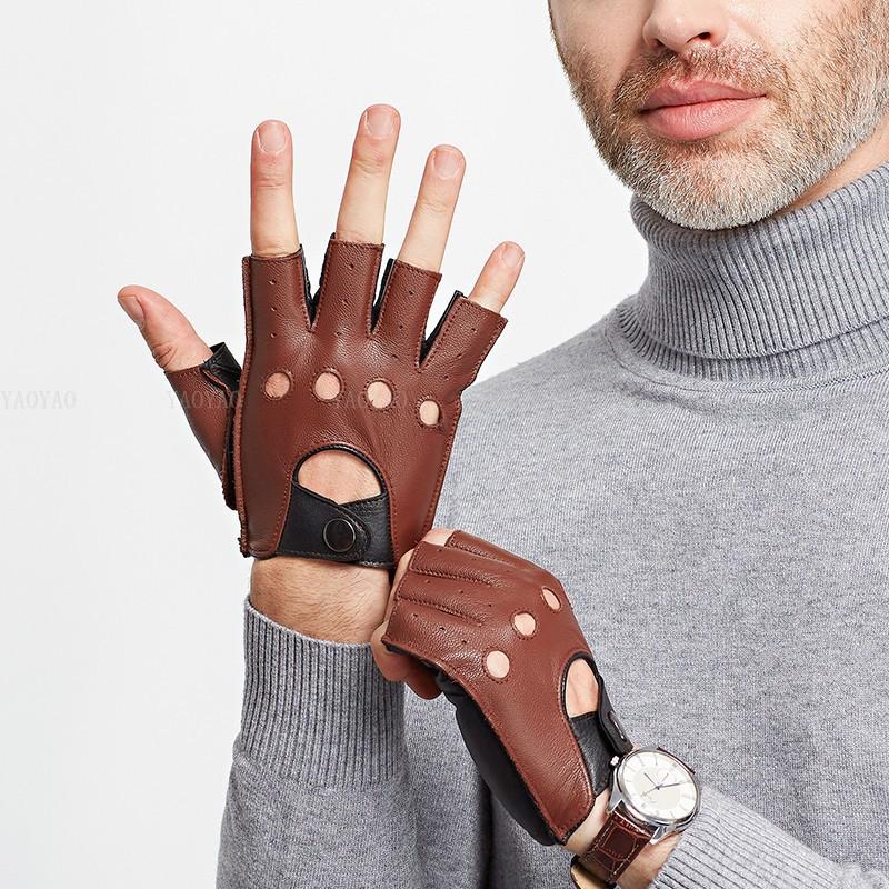 100% Genuine Leather Half-Finger Gloves for Men, Made from Genuine Sheepskin, Red/Brown/Blue, for Driving and Riding,