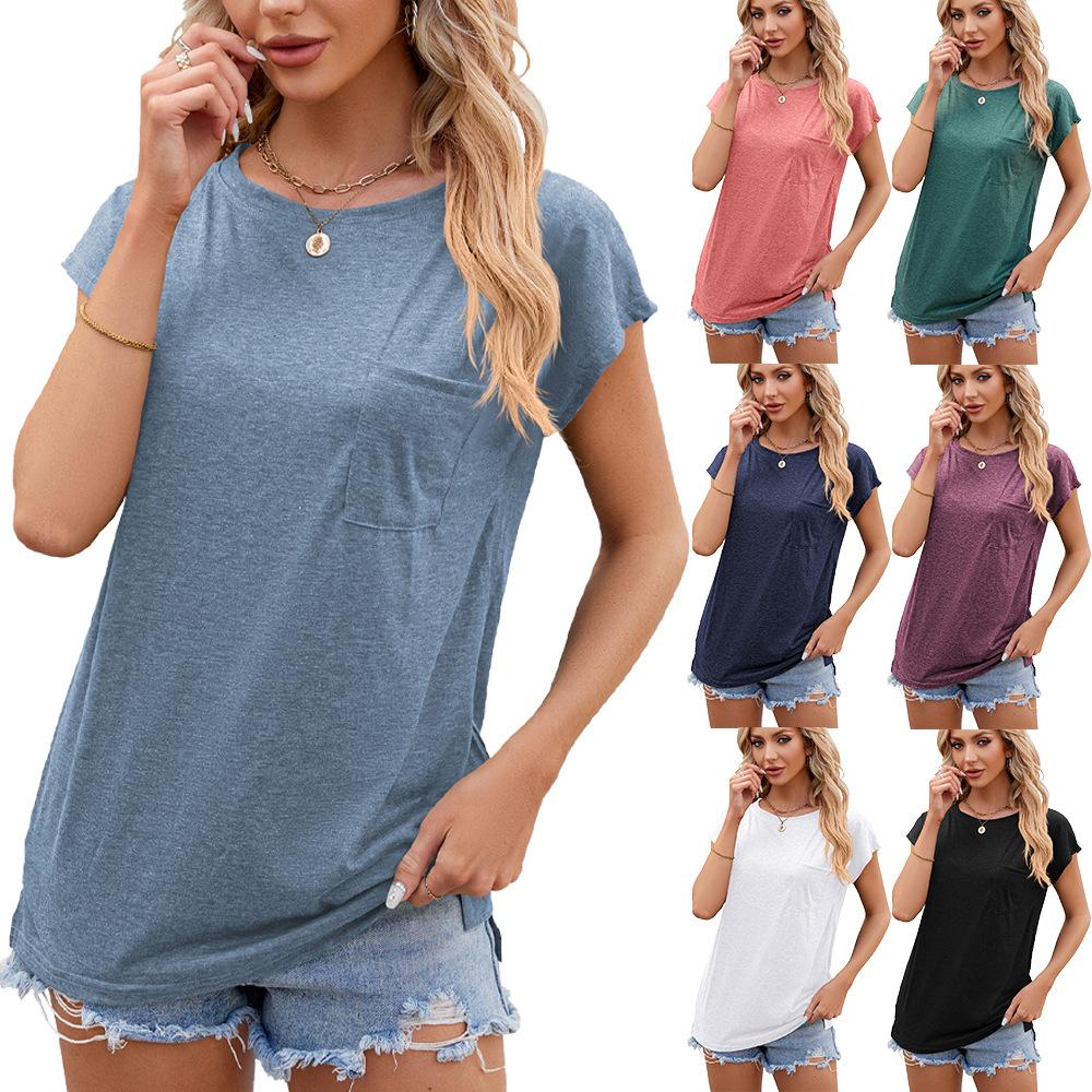 Women's Crew Neck Short Sleeve Pocket Top Loose Fit Elegant Commuter Solid Color Casual Daily Wear Soft Rayon Blend T-Shirt