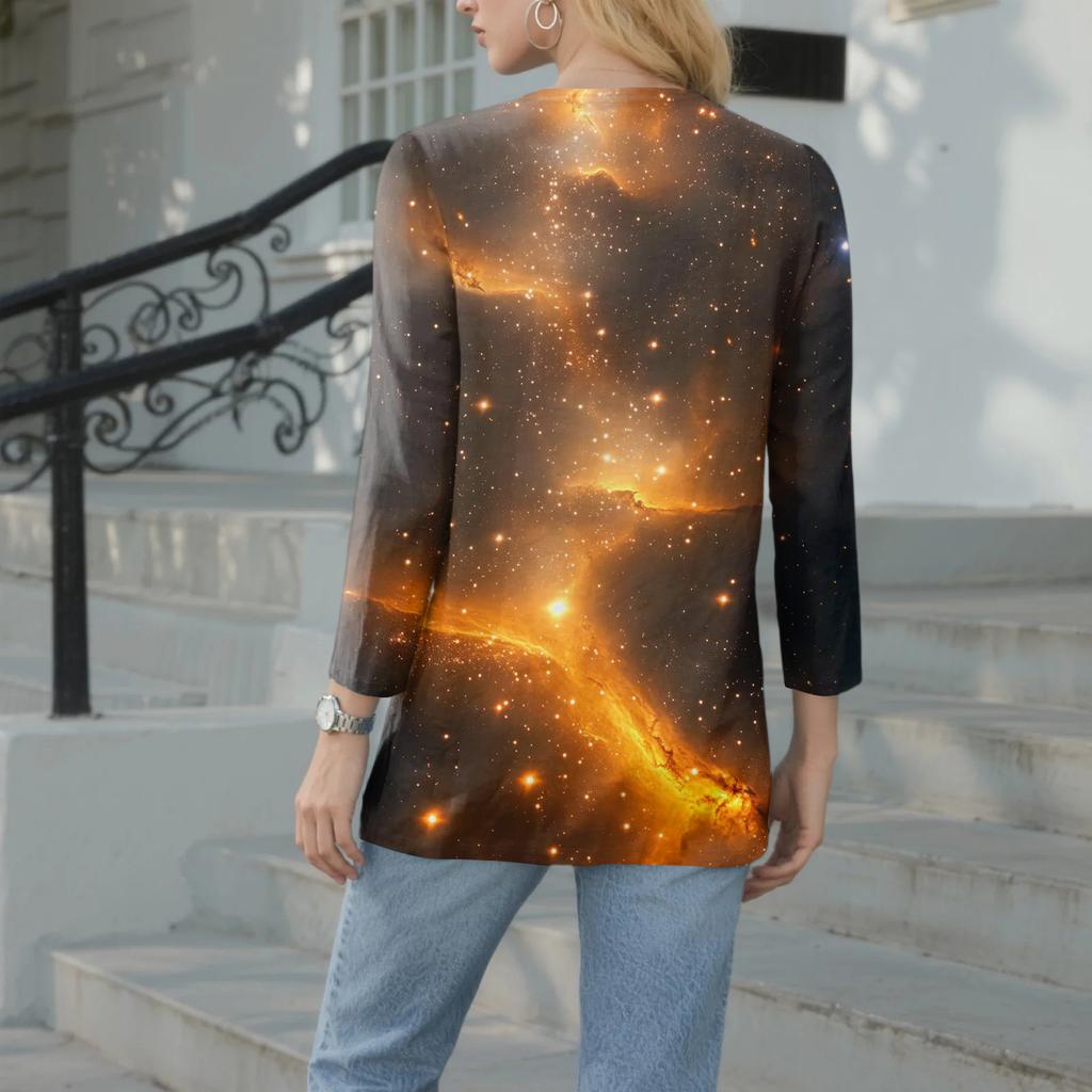 Women's Casual Fashion Sexy Comfortable Christmas Print V-Neck Button Three-quarter Sleeve Top